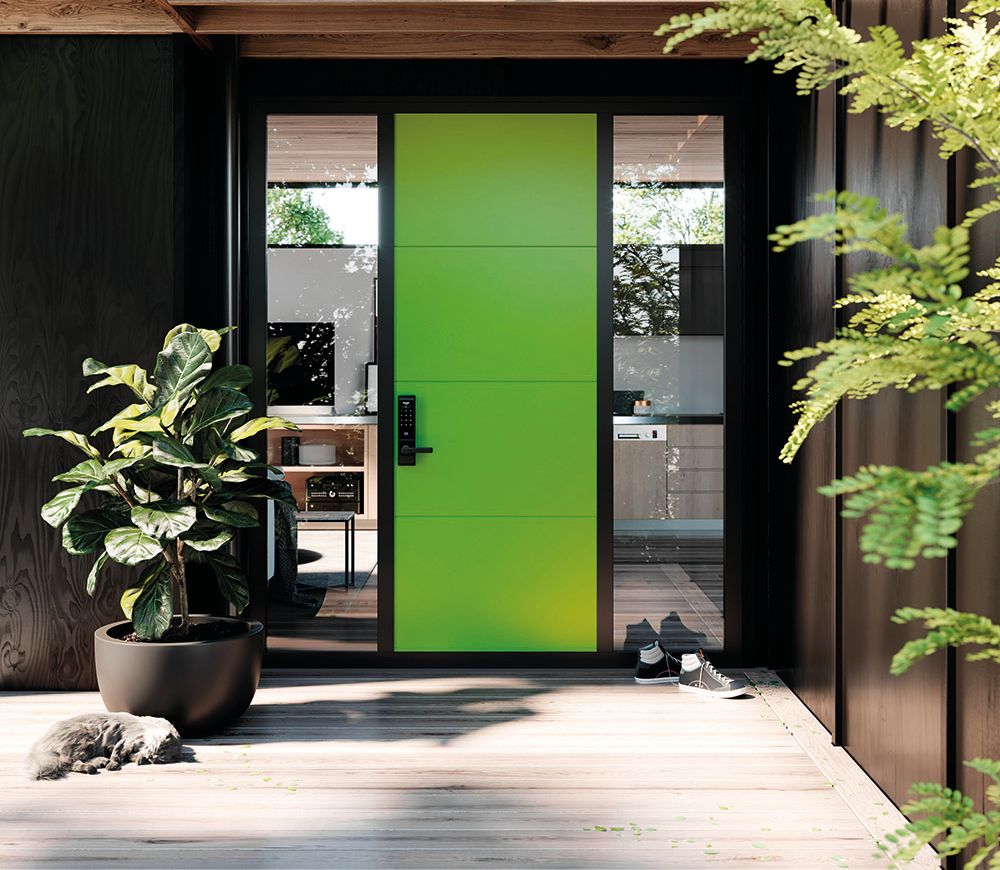 A green FMI Building Innovation prefabricated entry door