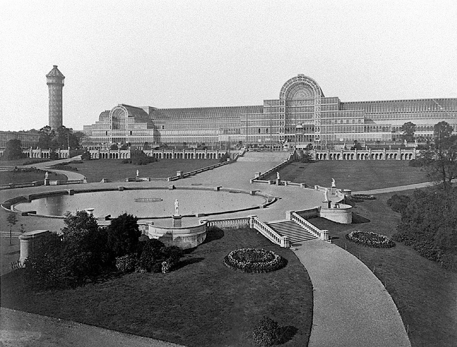 Black and white image of Crystal Palace_view_from_Water_Temple